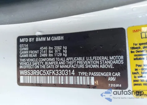 2015 BMW M4 z USA, uszkodzony, nr VIN WBS3R9C5XFK330314